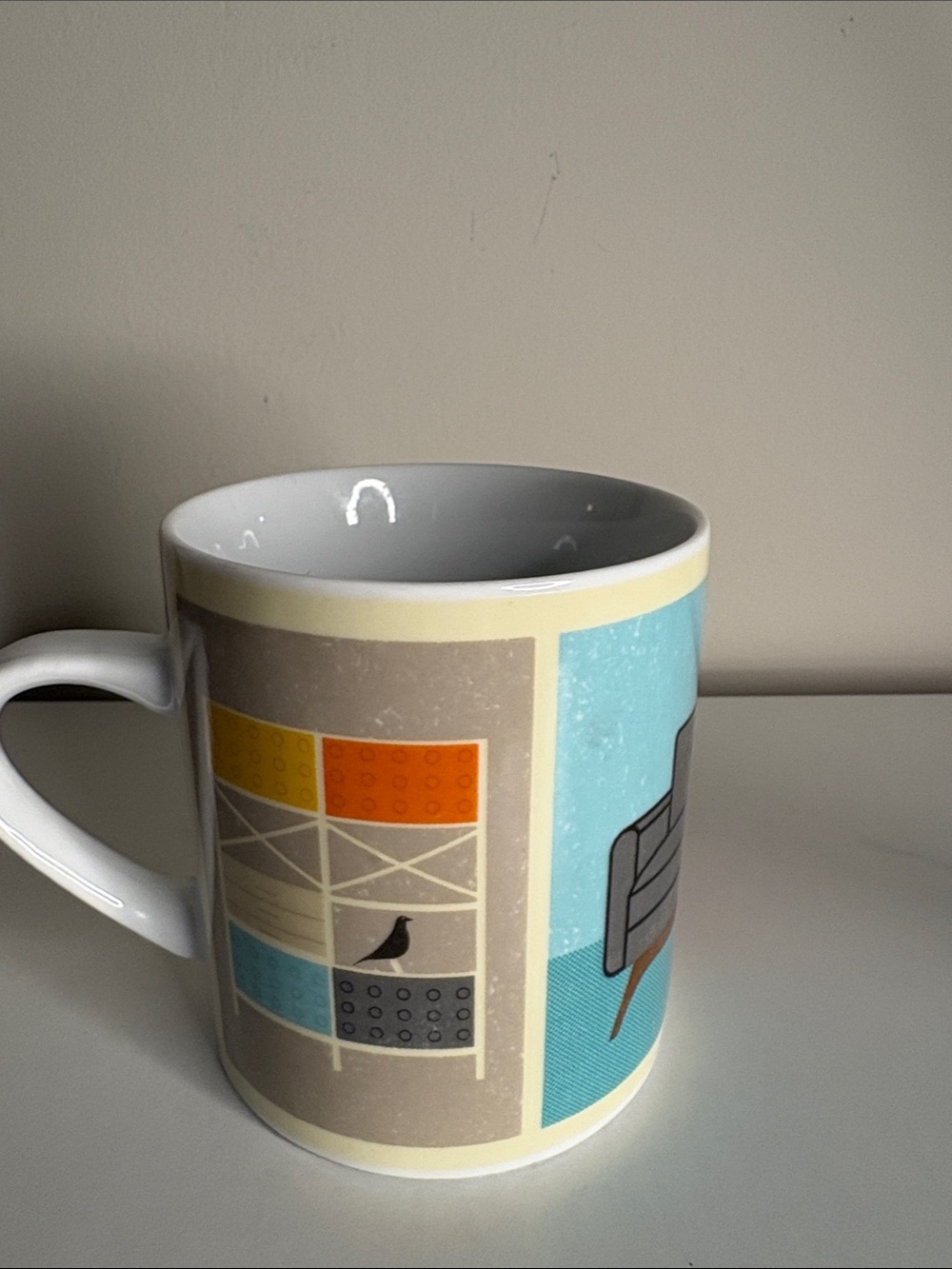 Ceramic Coffee Mug in White with Multicolor Mid-Century Print